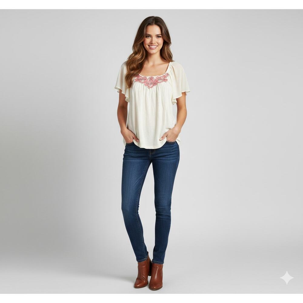 Anthropologie Deletta Cream Embellished Beaded Ruffle Sleeve Blouse L